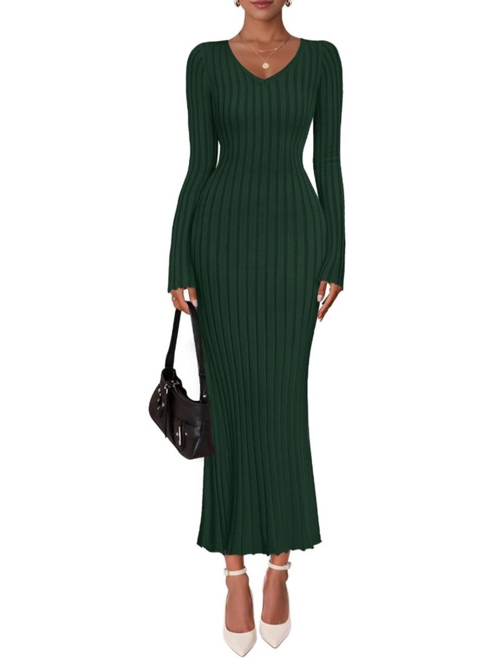 Chic Long Sleeve V Neck Ribbed Knit Sweater Dress - Spring Party Maxi Dress